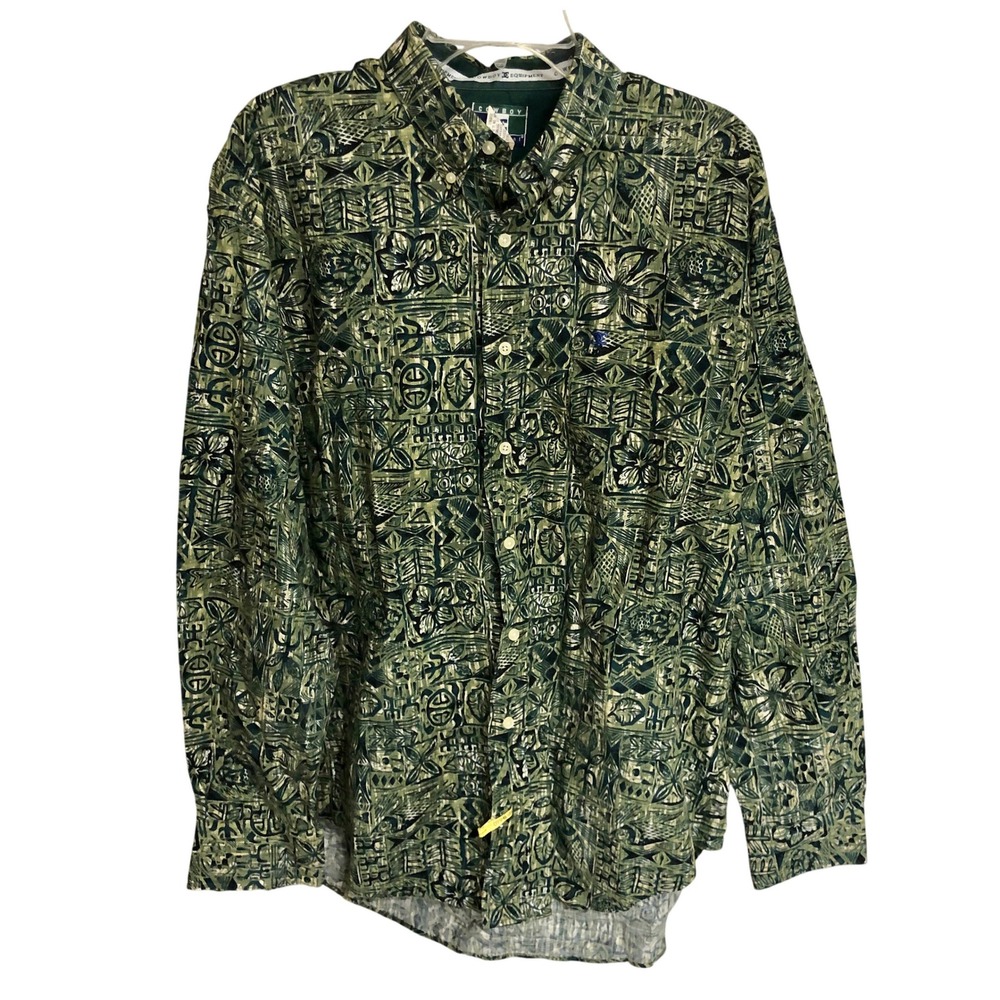 Cowboy Equipment‎ Shirt Mens Large L/S Dark Green Island Block Print Vintage 80s